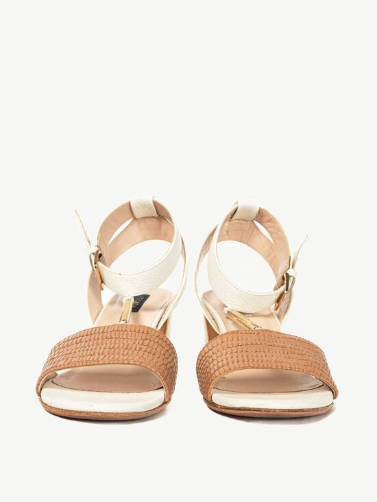 Escada SS14 White & Brown Snakeskin-Embossed T-Strap Mirror-Heel Sandals - Picture 2 of 10